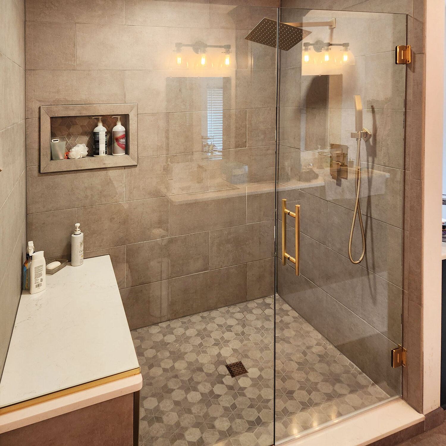 Hinged Shower Door with Fixed Panel, Brushed Gold Hardware